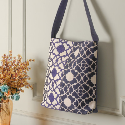 Embroidered White and Midnight Blue 100% Cotton Shoulder Bag