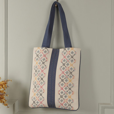 Folk Art-Themed White and Blue 100% Cotton Shoulder Bag