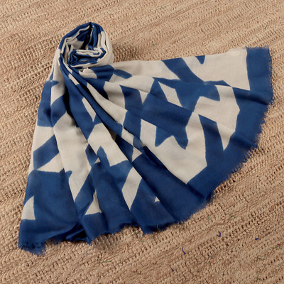 Blue and Ivory Wool Shawl with Printed Abstract Patterns