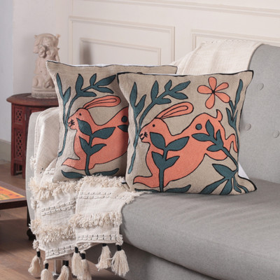 2 Rabbit Nature-Themed Chain-Stitched Cotton Cushion Covers