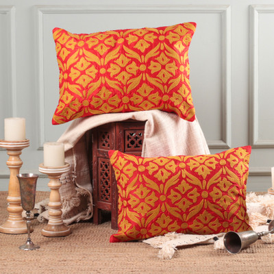 2 Rectangular Embroidered Floral Red Golden Cushion Covers
