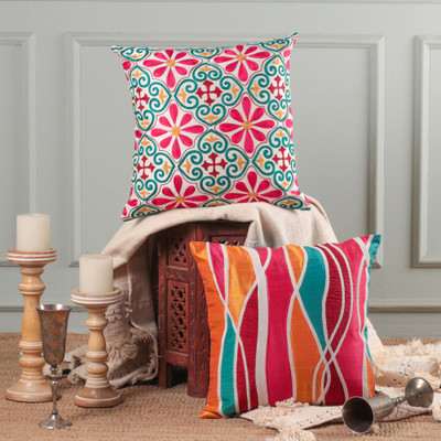 Floral Abstract Embroidered Patchwork Cushion Covers (Pair)