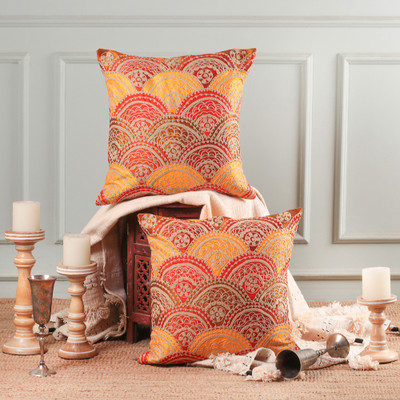 2 Sun-Themed Embroidered Orange Yellow Brown Cushion Covers