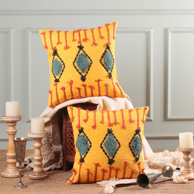 2 Geometric Cotton Cushion Covers with Tufted Embroidery