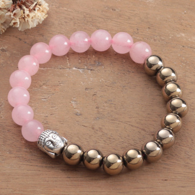 Buddha-Themed Golden Pyrite and Rose Quartz Beaded Bracelet