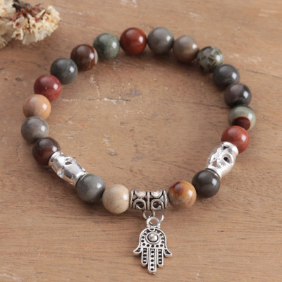 Hamsa-Themed Earthy and Green-Toned Jasper Pendant Bracelet