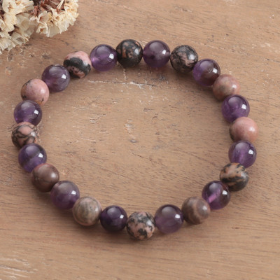Artisan-Made Rhodonite and Amethyst Beaded Stretch Bracelet