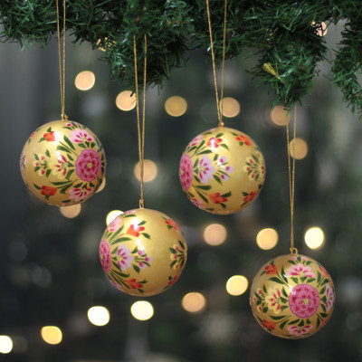Floral-Themed Papier Mache Christmas Ornaments (Set of 4)
