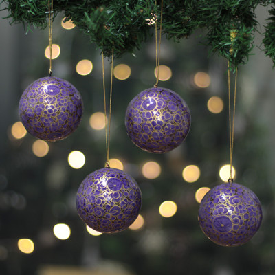 4 Purple Golden-Hued Papier Mache Floral Christmas Ornaments