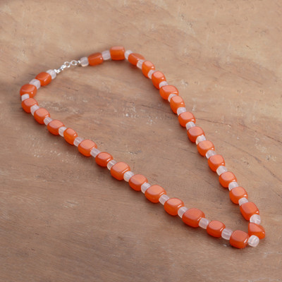 White Onyx and Carnelian Long Beaded Necklace from India