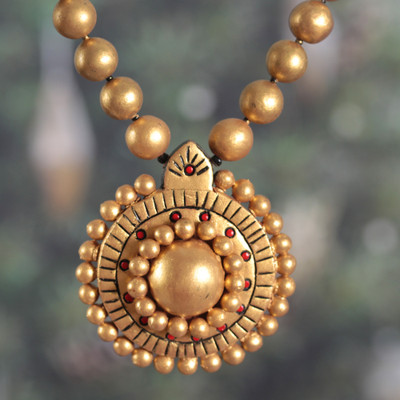 Hand-Painted Golden Ceramic Pendant Necklace from India