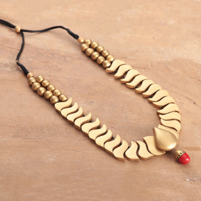 Hand-Painted Lotus-Inspired Golden Ceramic Beaded Necklace