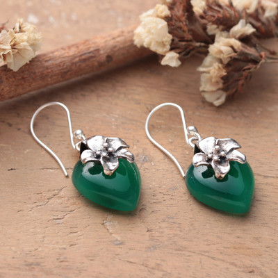 Heart-Shaped Green Onyx Dangle Earrings with Floral Details