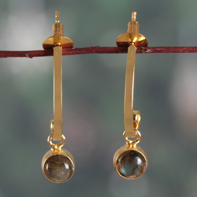 Matte-Finished Brass Dangle Earrings with Labradorite Stones