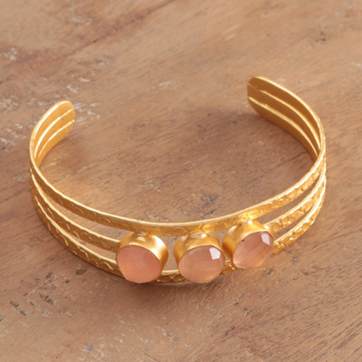 Modern Brass Cuff Bracelet with 3 Pink Chalcedony Gemstones