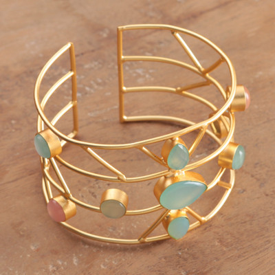 Art Deco-Inspired Modern Chalcedony Brass Cuff Bracelet