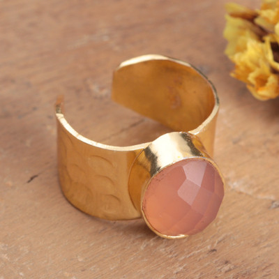 Modern Hammered Pink Chalcedony Brass Wrap Cocktail Ring