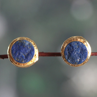 Brass Button Earrings with Freeform Lapis Lazuli Stones