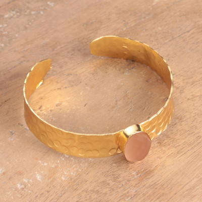 Minimalist Hammered Pink Chalcedony Brass Cuff Bracelet