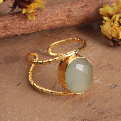 Hammered Adjustable Aqua Chalcedony Brass Wrap Cocktail Ring
