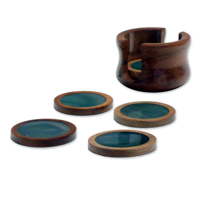 6 Dark Green Agate and Cedar Coasters with Stand