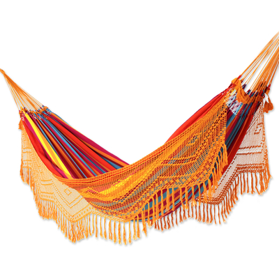 Handcrafted Red Striped Cotton Hammock with Orange Crochet Fringe