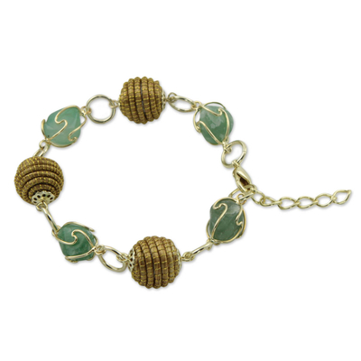 Hand Crafted Green Agate and Golden Grass Link Bracelet