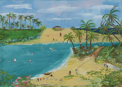 Stretched Brazilian Fine Art Naif Beach Scene Painting