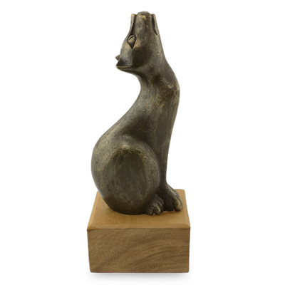 Bronze Sculpture of Cat Looking Up on Mahogany Base