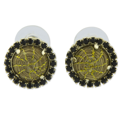 Brazilian Golden Grass and Rhinestone Button Earrings