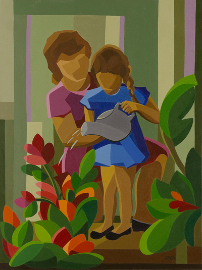 Mother and Daughter with Flowers Signed Original Painting