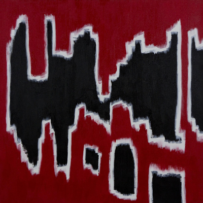 Brazilian Abstract Painting in Black and White on Red