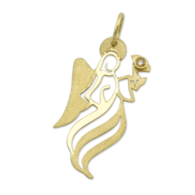 Gold Artisan Crafted Brazil Angel Pendant with a Diamond