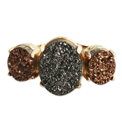 3 Stone Brazilian Drusy Agate Ring Bathed in 18k Gold