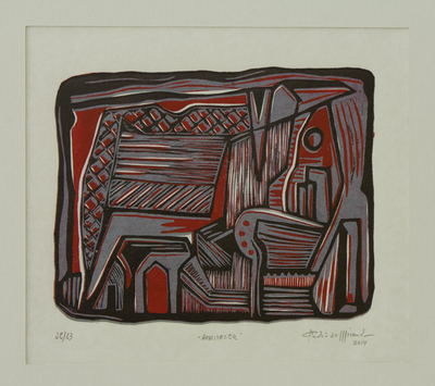 Red and Black Brazil Signed Woodcut Print