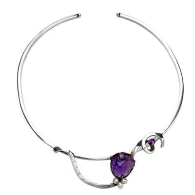 Modern Brazilian 925 Silver Choker with Pearls and Amethyst