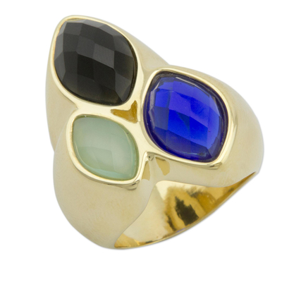 Gold Plated Onyx and Agate Cocktail Ring from Brazil