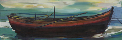 Elongated Canvas Original Painting of a Boat in Brazil