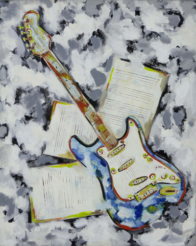 Signed Painting of Floating Electrical Guitar from Brazil