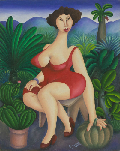 Beautiful Woman in Red in Deep Green Brazilian Garden
