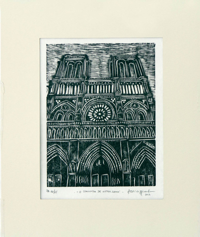 Black and White Xilogravure Print of Notre Dame
