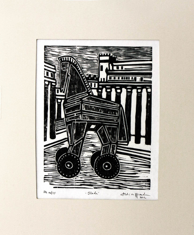 Brazilian Surrealist Woodcut Print of Trojan Horse