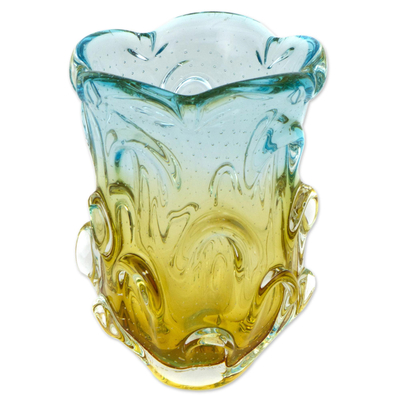 Hand Made Yellow and Blue Glass Vase from Brazil