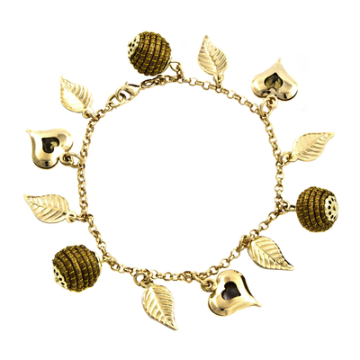 Heart Leaf Beehive Charms on Gold Plated Brazilian Bracelet