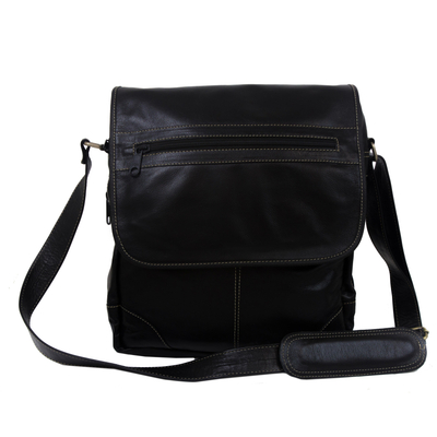 Handcrafted Leather Messenger Bag in Black from Brazil