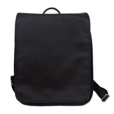 Handcrafted Black Leather Backpack with a Flap from Brazil