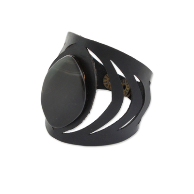 Agate and Leather Wristband Bracelet in Black from Brazil