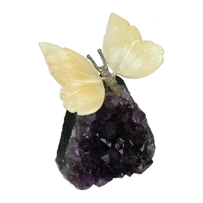Gemstone Butterfly Sculpture in Honey Calcite and Amethyst