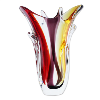 Red and Purple Blown Glass Vase with Yellow Accents