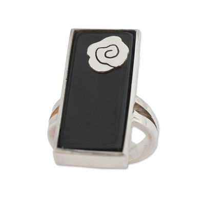 Black Agate Ring with Sterling Silver Rose Accent